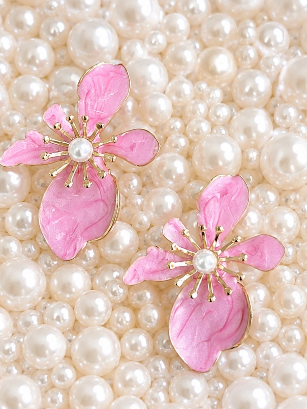 Pink Floral Pearl-Accent Earrings
